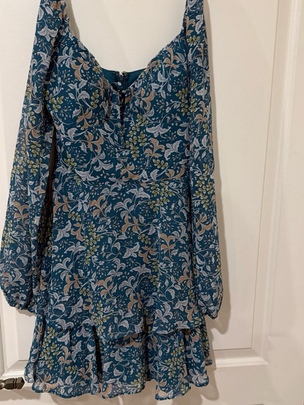 Angie Teal Floral Long-Sleeve Ruffle-Hem Dress